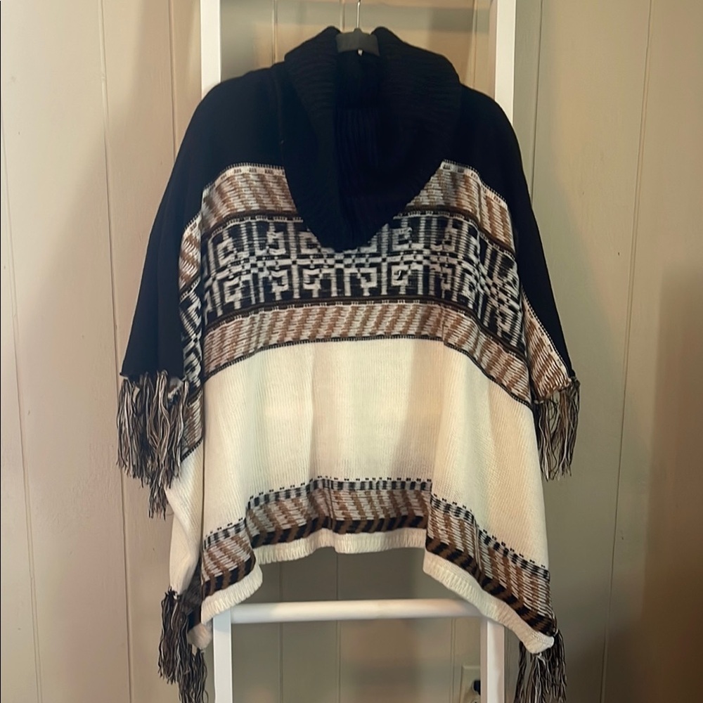 Impressions Black and Brown Poncho Sweater with Fringe